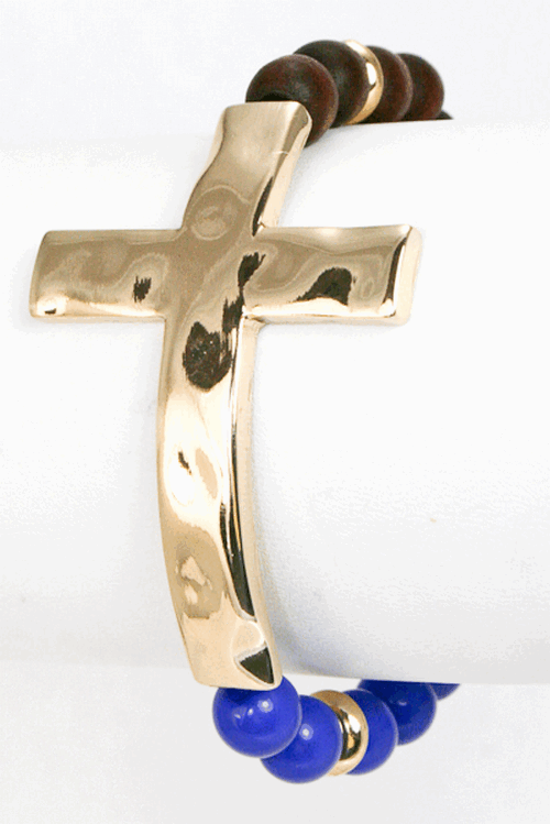 Metal Cross Wood Bead Bracelet